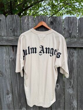 Palm Angels Beige Short-Sleeve Tee with Black Script Logo